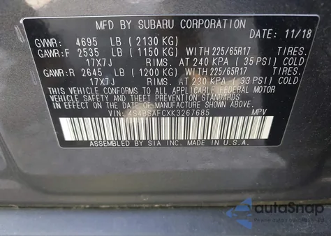 2019 Subaru Outback 2.5I Premium из США, поврежденный, VIN 4S4BSAFCXK3267685